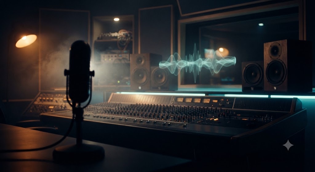 Tonstudio mit leuchtenden Neon-Audiowellenformen