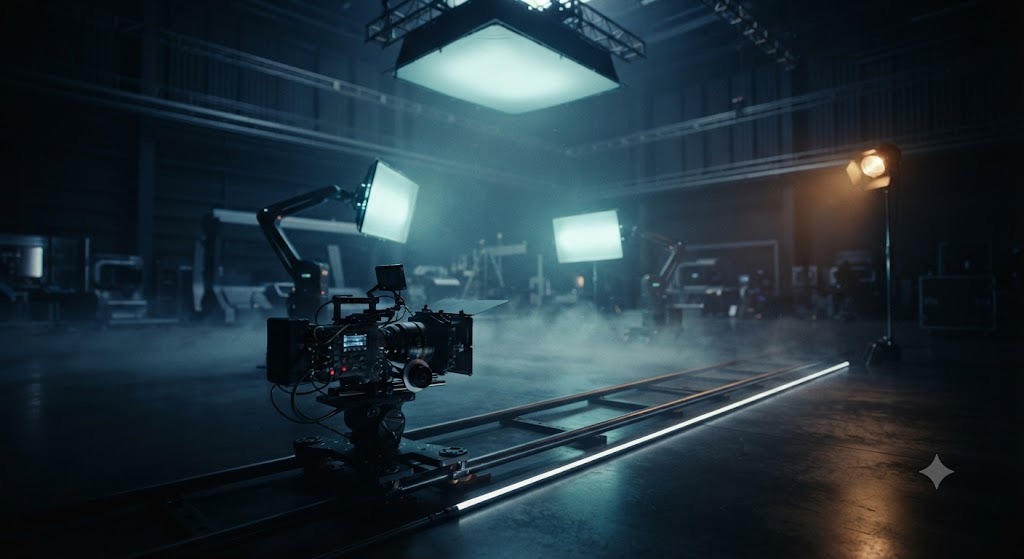 Kinematografisches Filmset mit Kamerakontur und Neonlichtstrahlen