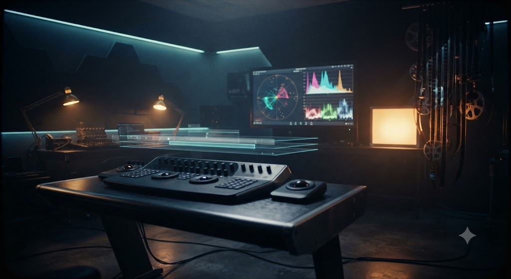 Postproduktions-Suite mit Color-Grading-Monitoren und Filmstreifen
